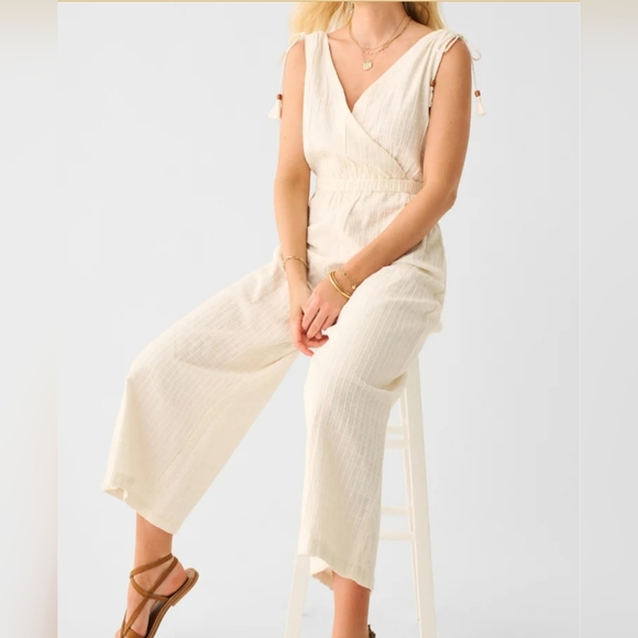 Faherty NWT Women's Rowe Windowpane Jumpsuit In Egret Size S 100% Organic Cotton - Picture 2 of 16